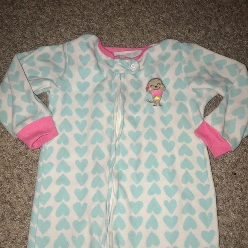 Carter’s White, Blue Hearts Fleece Zip Up Warm Footie Onesie Pajamas